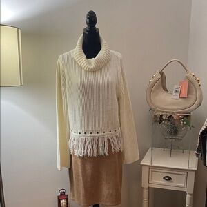 Lulu's Cream Cowl Neck Sweater with Fringe
